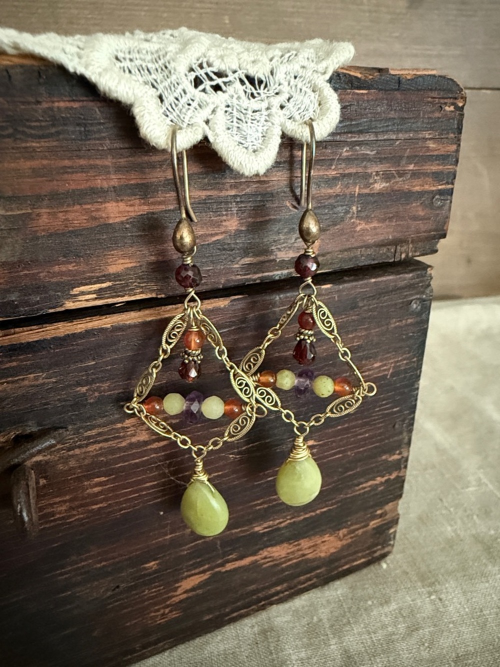 Artisan Handcrafted Green and Gold Bohemian Drop Earrings